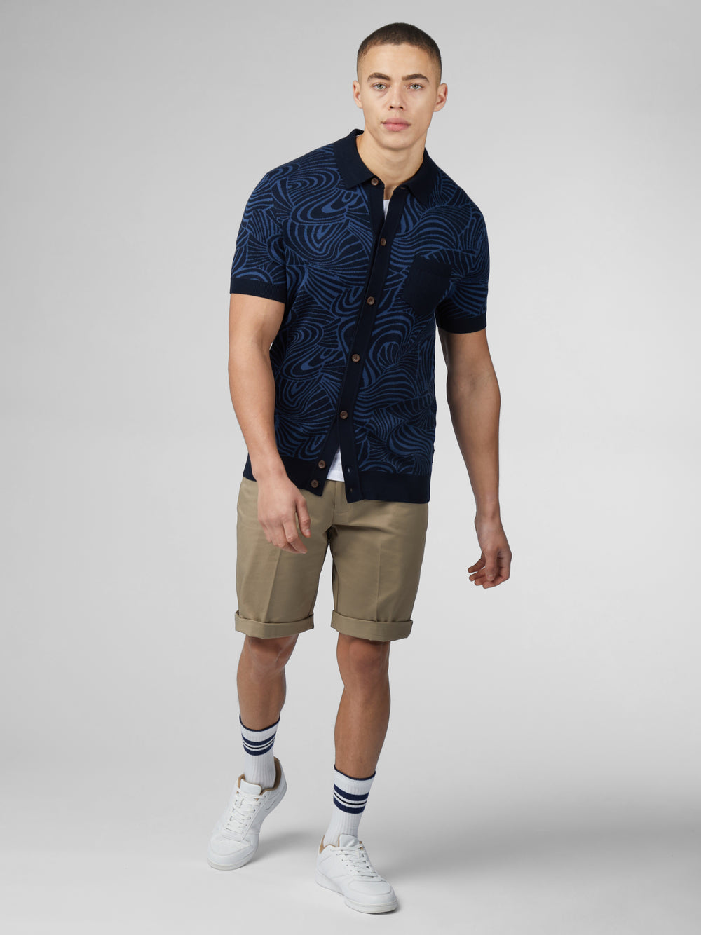 Knitwear Ben Sherman B by Ben Sherman Swirl Jacquard Button Through Polo Bleu Marine | KTJ-44860916